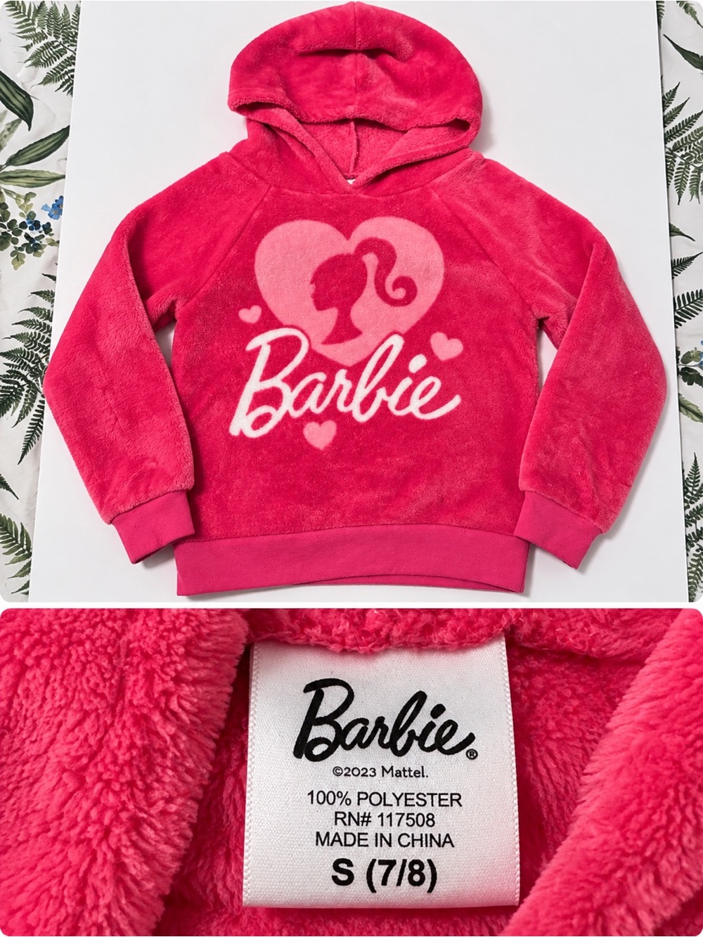 Barbie Hot Pink Plush Pullover Hoodie with Logo Heart Graphic